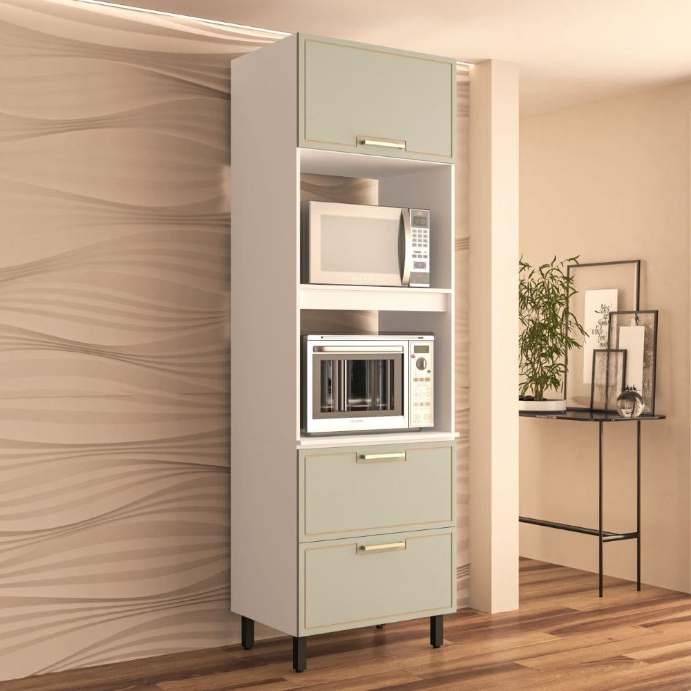 Paneleiro Torre Quente 70cm 2 portas basculantes 1 gaveta Amara Branco Verde Politorno Móveis