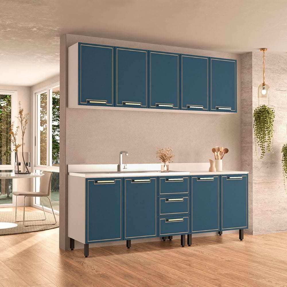 Cozinha Compacta 250077 4 Peças Amara Branco Azul Politorno Móveis