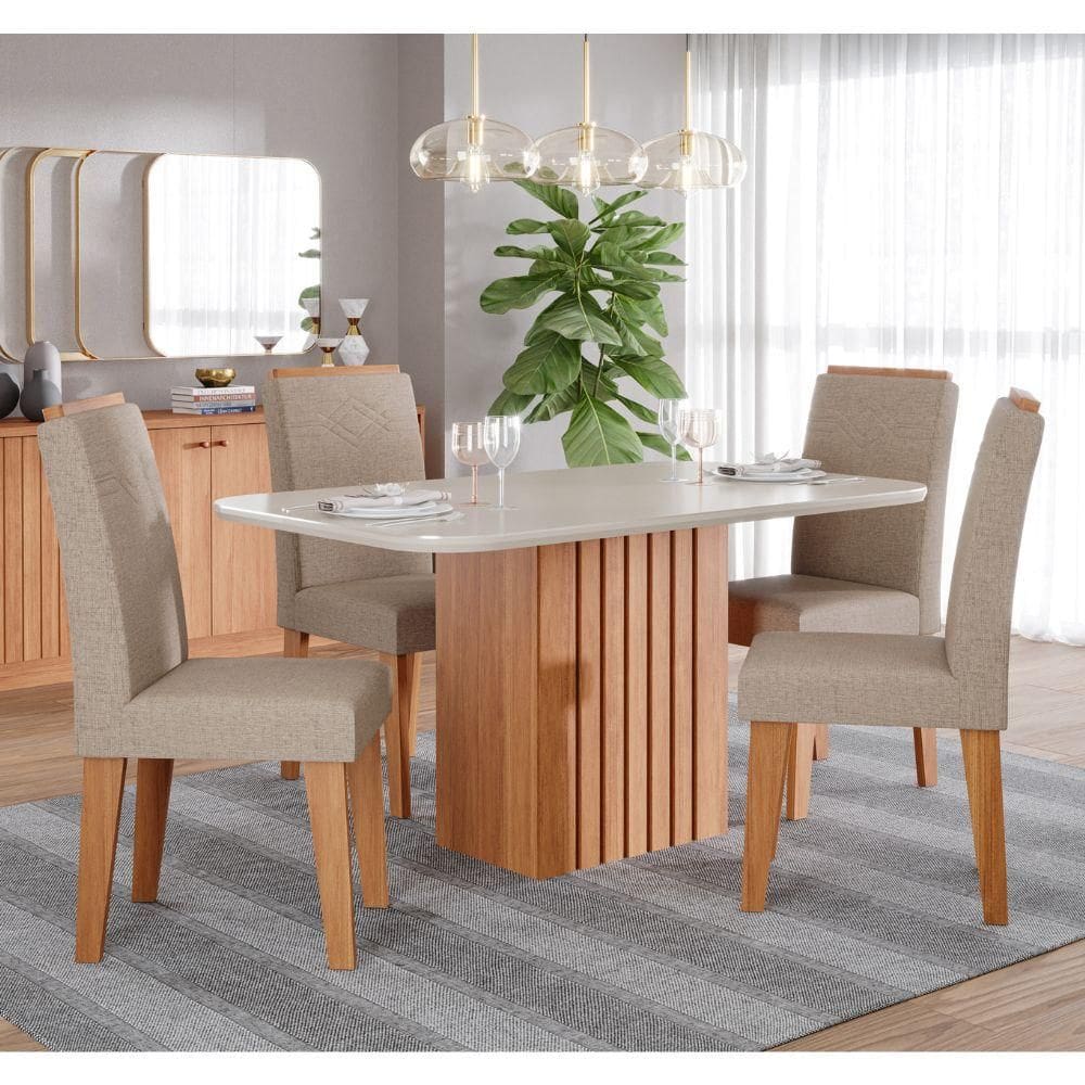 Mesa de Jantar 4 Cadeiras Tampo de Vidro Cinamomo/Off White Ana Cimol