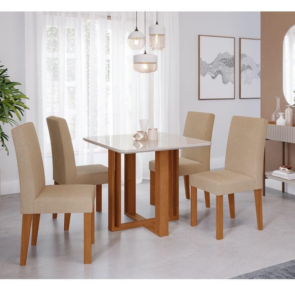 Mesa de Jantar 4 Cadeiras Tampo de Vidro Cinamomo/Off White Flora Cimol