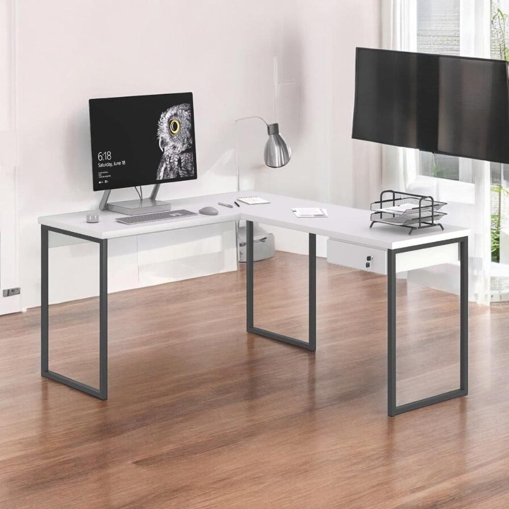Mesa Home Office Escrivaninha L Industriale Branco com Gaveteiro