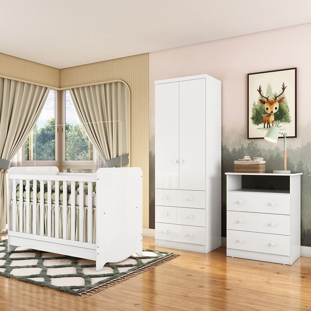 Quarto de Bebe Completo com Berco Minicama Ben e Guarda Roupa Comoda Smim New MDF Moveis Peroba