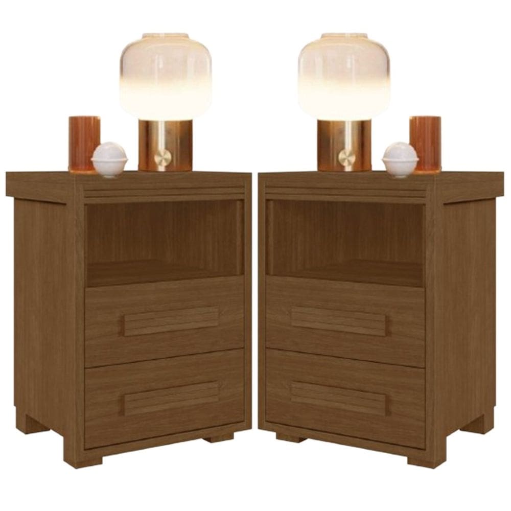 Kit 2 Mesas de Cabeceira Pés Madeira 2 Gavs Tóquio 100% MDF