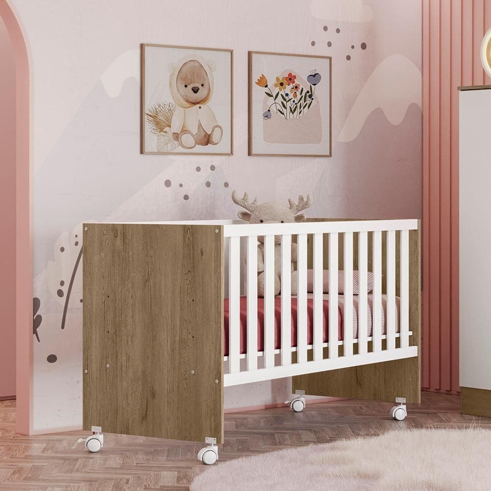 Berço Aurora reto Carv Toq Rustico/Branco com Rodízios