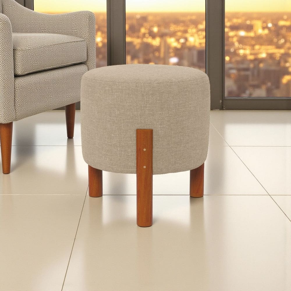 Puff Banqueta Eros Estofado Linho Pés Madeira Maciça Conforto Elegância Qualidade