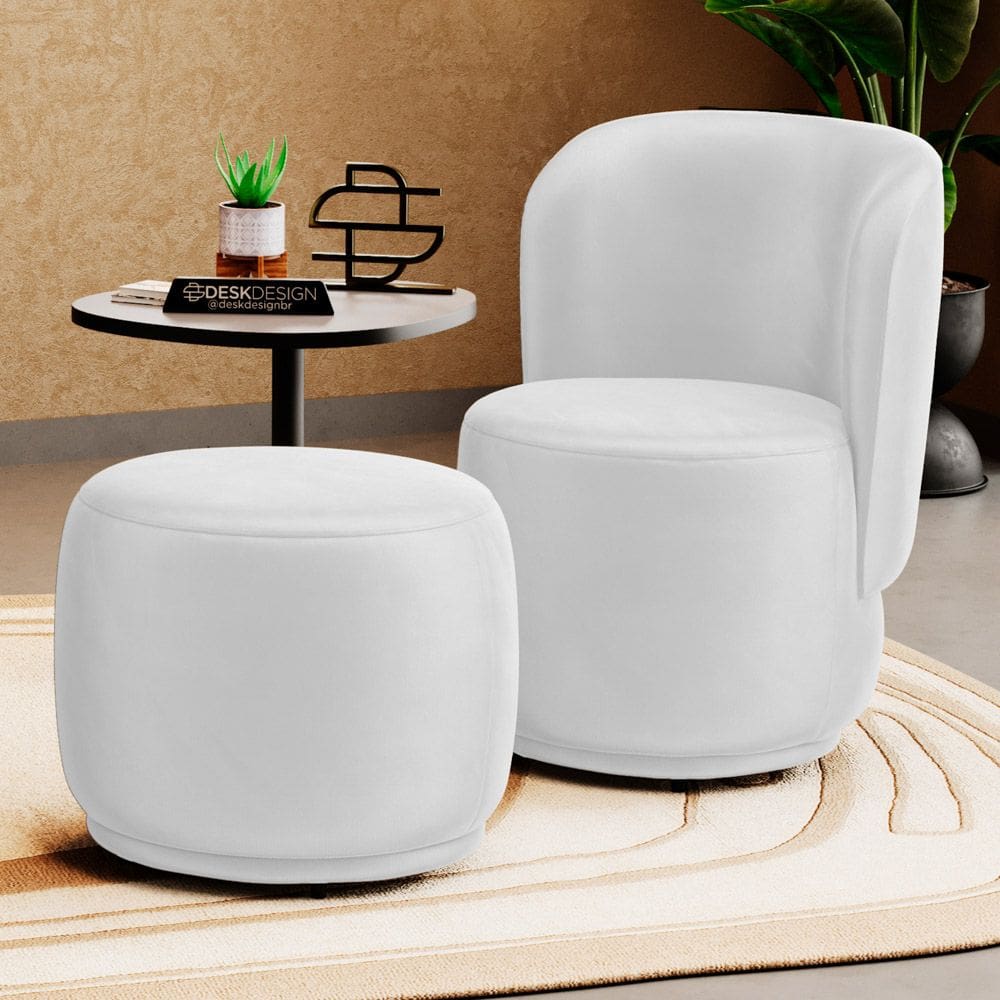 Poltrona Decorativa com Puff Orgânico Molly Couríssimo Branco - Desk Design
