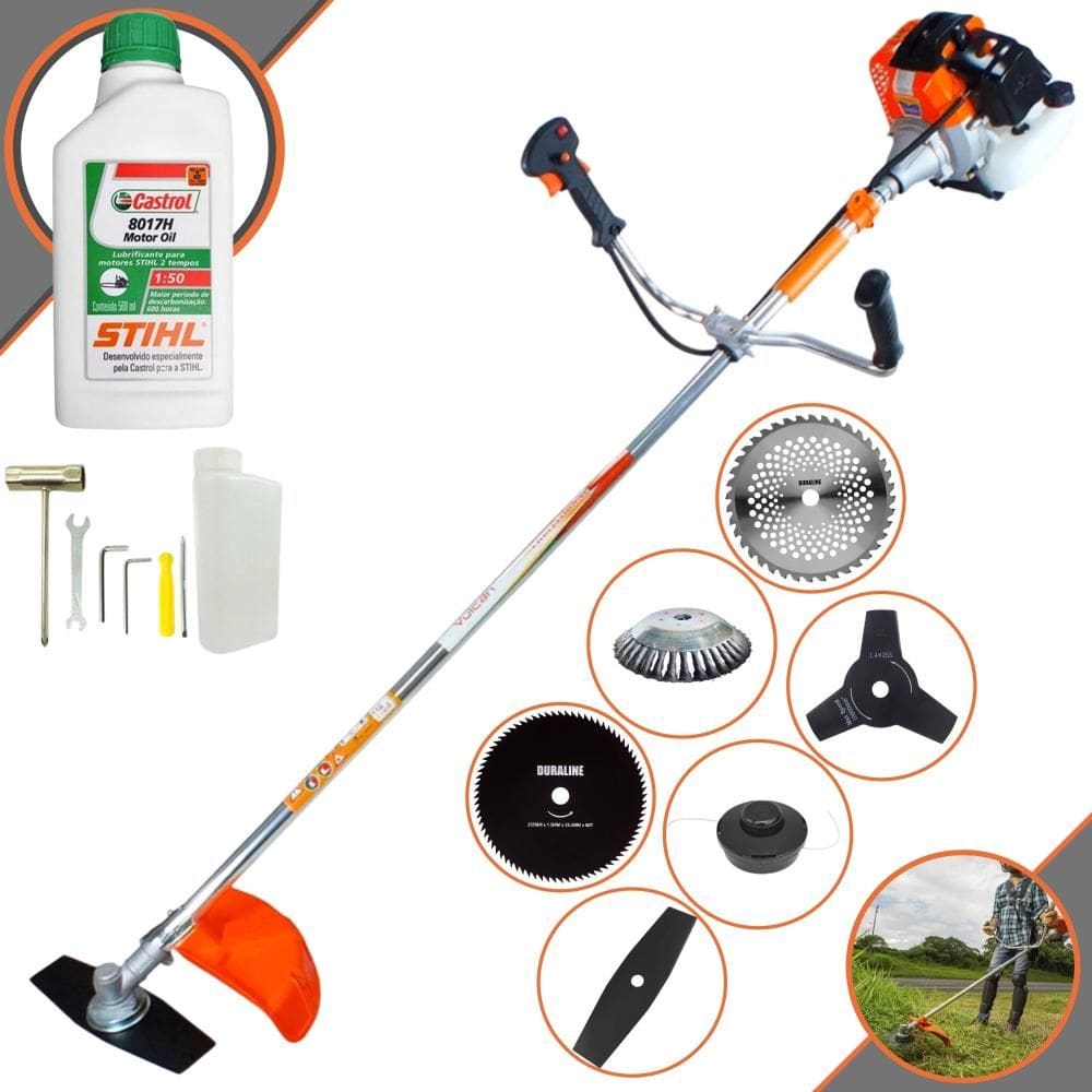 Roçadeira Robusta Vulcan VR430-S À Gasolina 43cc C/ Carretel e Faca 2 Pontas + Facas 3 Pontas, 40 Dentes Vídea, 80 Dentes + Escova de Aço + ÓLEO STIHL