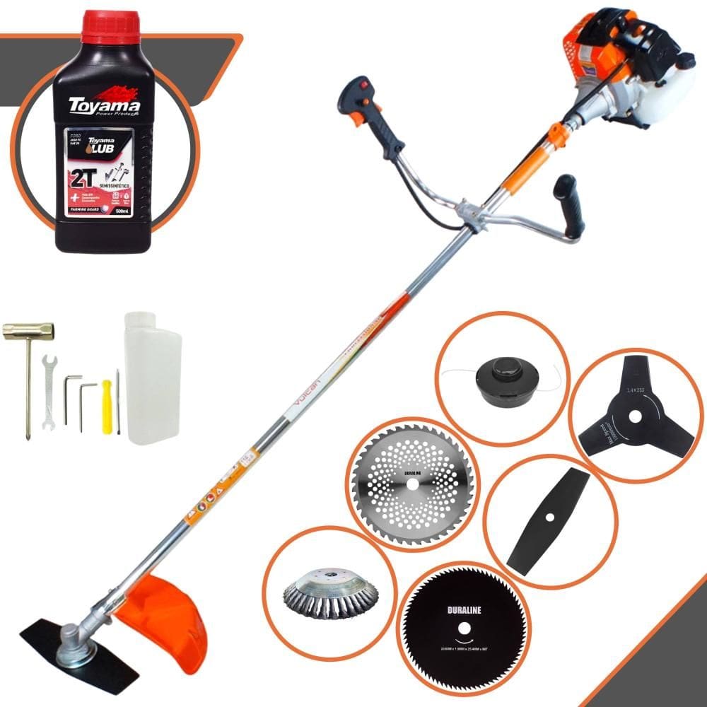 Roçadeira 6 Em 1 Vulcan VR430S 43cc Com Carretel Nylon + Faca 2 Pontas + Faca 3 Pontas + Faca 40 Dentes + Faca 80 Dentes + Escova de Aço + ÓLEO TOYAMA