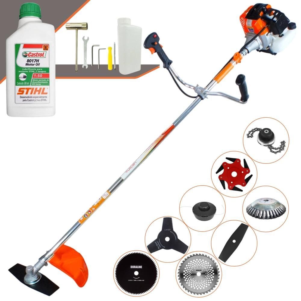 Cortador de Grama Completa À Gasolina Vulcan VR430S 43cc 1,7HP Alta Performance Com Carretel de Nylon + Kit 7 Opções de Corte + ÓLEO STIHL 2 Tempos