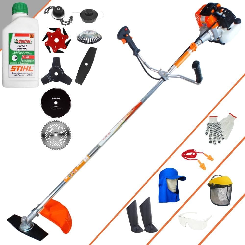 Roçadeira Multifuncional Vulcan VR430S À Gasolina 43cc 1,7HP Ideal Para Todos os Tipos de Trabalhos Com 8 Opções de Cortes + EPI + ÓLEO STIHL 2 Tempos