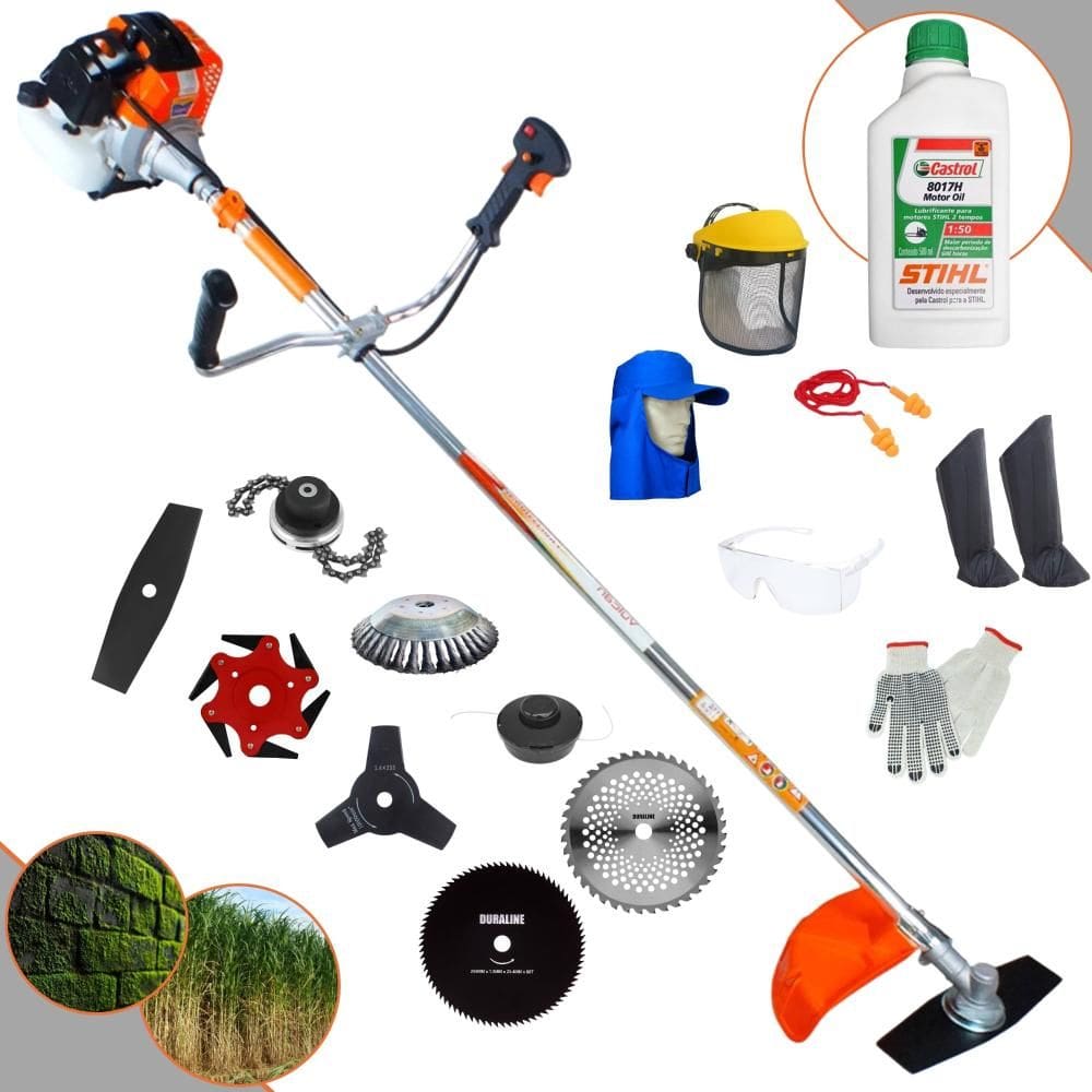 Podador Vulcan VR430S 43cc C/ Carretel + Facas 2 Pontas, 3 Pontas, 6 Pontas, 40 Dentes Vídea, 80 Dentes, Trimmer e Escova de Aço + EPI + ÓLEO STIHL 2T