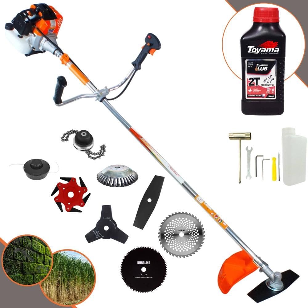 Roçadeira Vulcan VR430S 43cc 1,7HP Com Carretel + Faca 2 Pontas, 3 Pontas, 6 Pontas, 40 Dentes, 80 Dentes, Trimmer e Escova de Aço + ÓLEO TOYAMA 2T