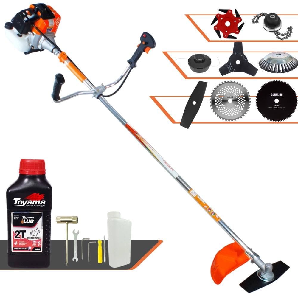 Roçadeira Completa À Gasolina Vulcan VR430S Motor 2 Tempos 43cc 1,7HP Alta Performance Com Carretel de Nylon + Kit 7 Opções de Corte + ÓLEO TOYAMA 2T