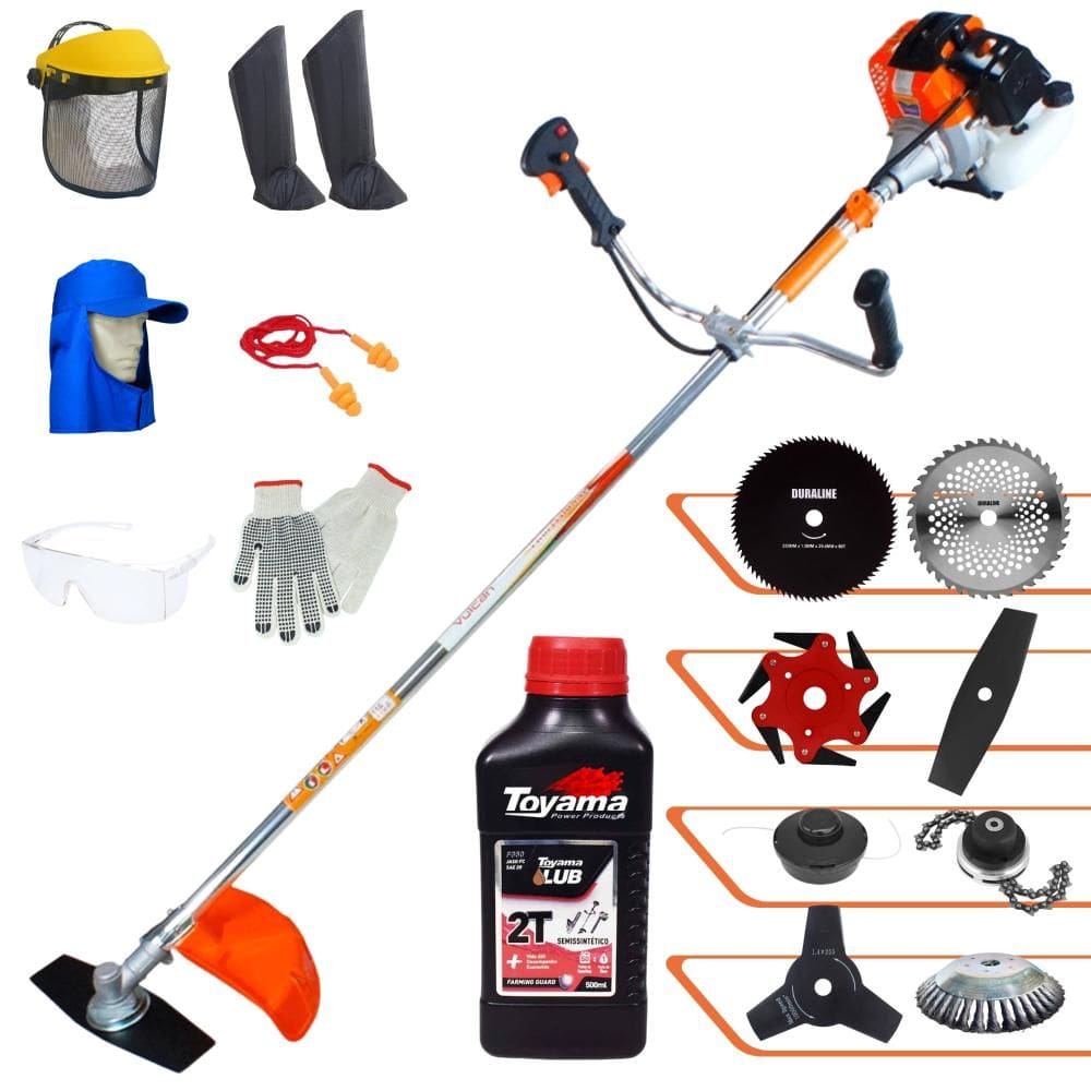 Roçadeira Vulcan VR430S 43cc C/ Carretel + Facas 2 Pontas, 3 Pontas, 6 Pontas, 40 Dentes Vídea, 80 Dentes, Trimmer e Escova de Aço + EPI + ÓLEO TOYAMA