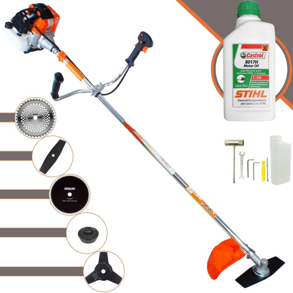 Roçadeira Vulcan VR430S 43cc 1,7HP Com Carretel de Nylon + Lâmina Facão + Lâmina 3 Pontas + Lâmina 40 Dentes Vídea + Lâmina 80 Dentes + ÓLEO STIHL 2T