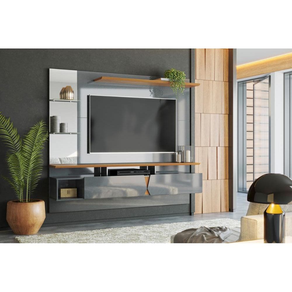 Painel Vega p/ Tvs Até 55`` c/ Gaveteiros e Prateleiras Suporte para Itens - Cinza Perolizado/Tauari