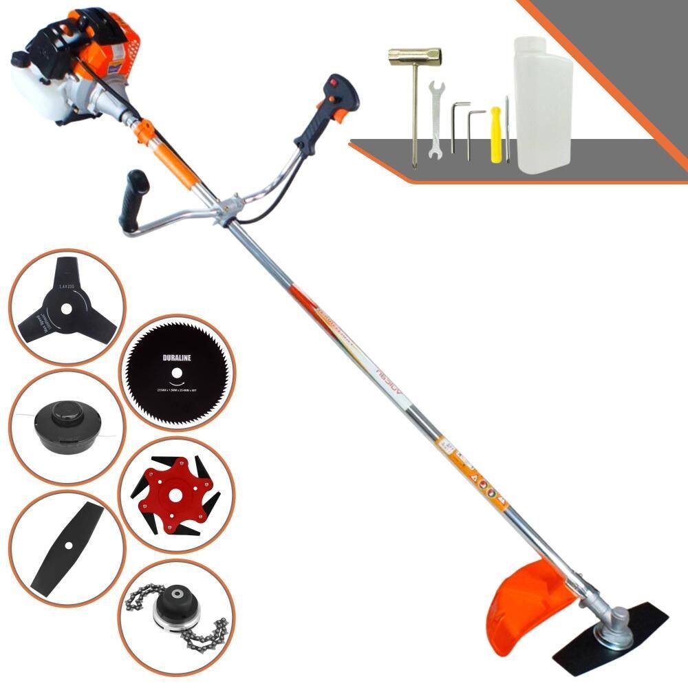 Roçadeira Cortador de Grama Vulcan VR430-S À Gasolina 2T 43cc 10.000rpm + Kit Extra de Lâmina 3 Pontas, Lâmina 6 Pontas, Lâmina 80 Dentes e Trimmer