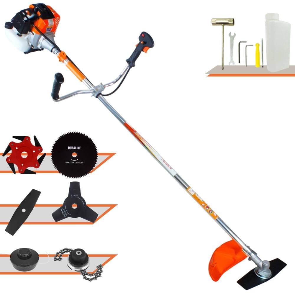 Roçadeira Robusta Vulcan VR430S À Gasolina 43cc 1,7HP 6 Opções de Corte C/ Carretel Nylon + Facas 2 Pontas + 3 Pontas + 6 Pontas + 80 Dentes + Trimmer