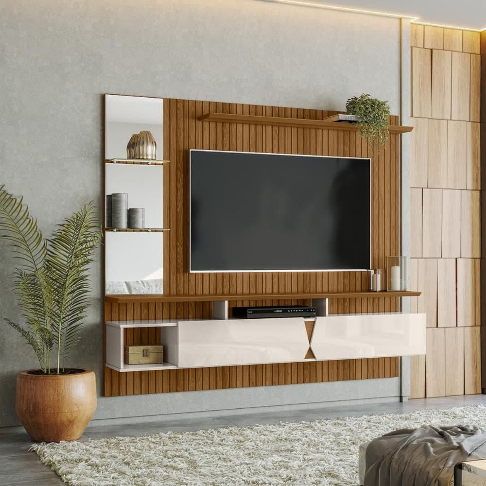 Painel Vega p/ Tvs Até 55`` c/ Gaveteiros e Prateleiras Suporte para Itens - Freijo Ripado/Off White Perolizado