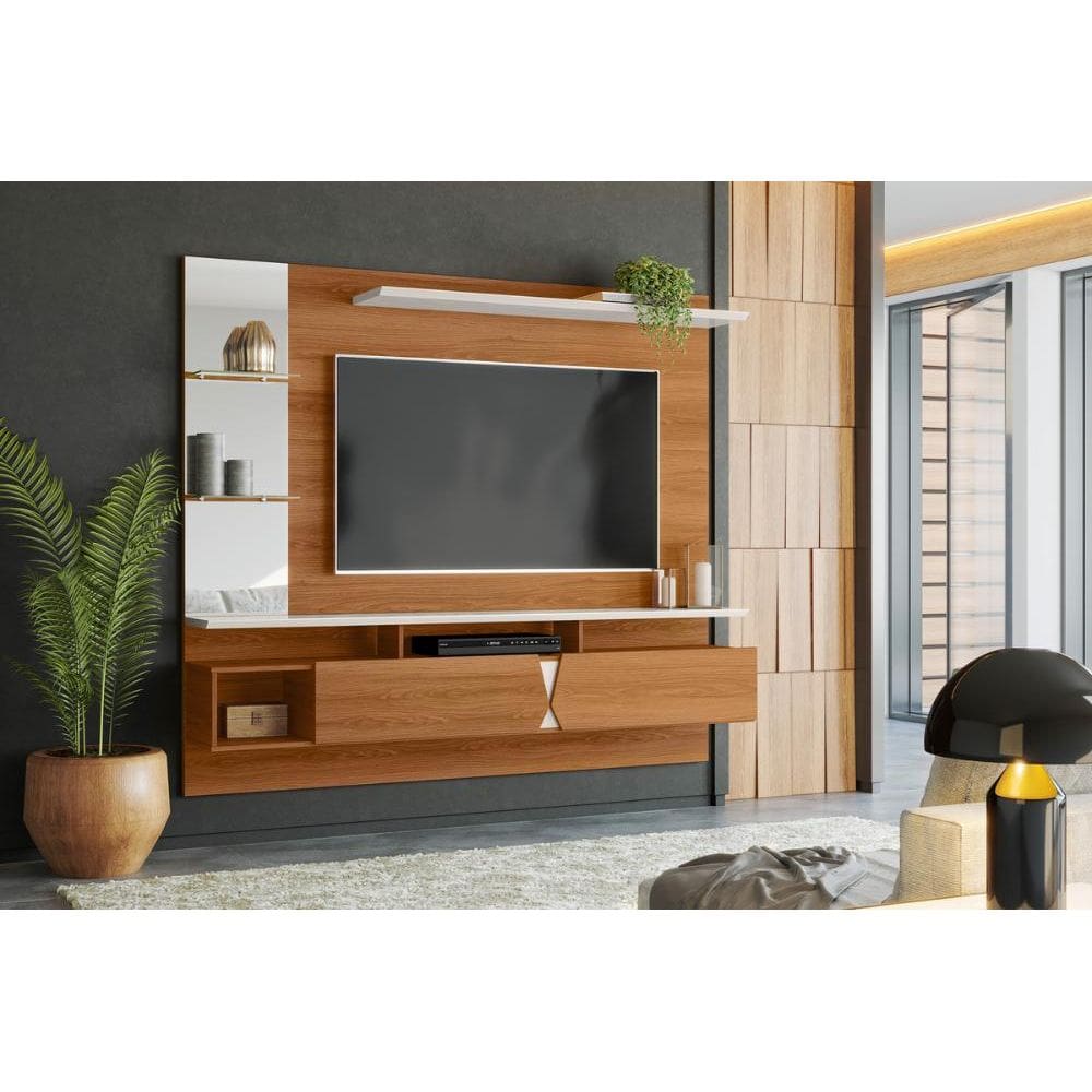 Painel Vega p/ Tvs Até 55`` c/ Gaveteiros e Prateleiras Suporte para Itens - Jequitiba/Off White Perolizado