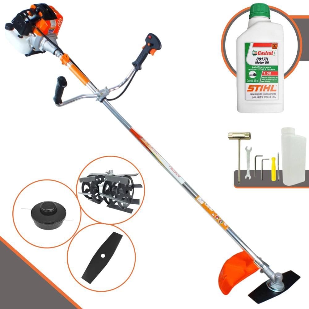Podador de Grama Vulcan VR430-S À Gasolina 1,7HP de Potência 43cc 10000rpm Roçadeira Com Carretel + Faca 2 Pontas + Enxada Capinadeira + ÓLEO STIHL 2T