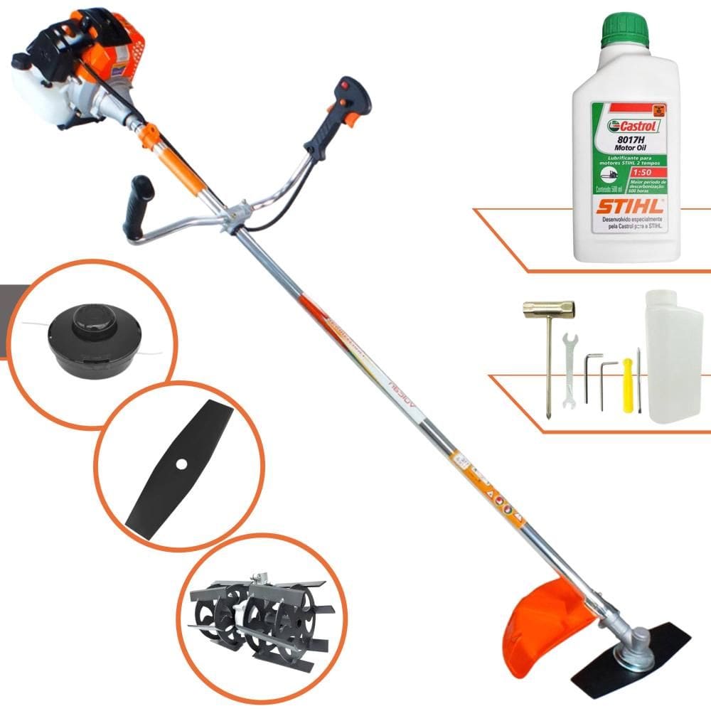 Roçadeira Lateral Vulcan VR430S À Gasolina 43cc 1,7HP de Potência 10000rpm Completo C/ Carretel Nylon + Lâmina 2 Pontas + Enxada Rotativa + ÓLEO STIHL