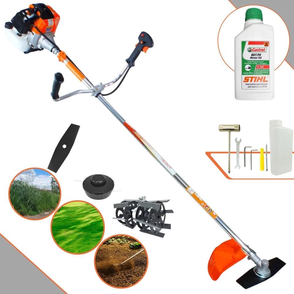 Aparador de Grama Lateral Vulcan VR430-S À Gasolina 43cc 1,7HP 10.000rpm Roçadeira Com Carretel Nylon + Lâmina 2 Pontas + Enxada Rotativa + ÓLEO STIHL