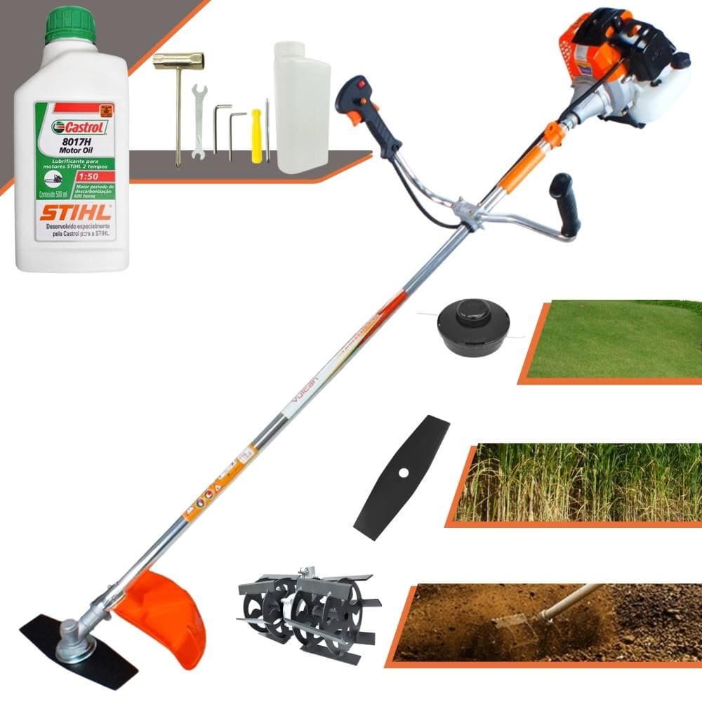 Máquina de Corta Grama Vulcan VR430-S À Gasolina 43cc 1,7HP de Potência 10.000rpm Com Lâmina 2 Pontas + Carretel + Enxada Capinadeira + ÓLEO STIHL 2T