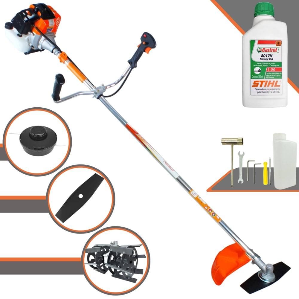 Roçadeira Vulcan VR430-S À Gasolina 43cc 1,7HP Alta Rotação e Performance Com Carretel Nylon + Faca 2 Pontas + Enxada Rotativa + ÓLEO STIHL 2 Tempos