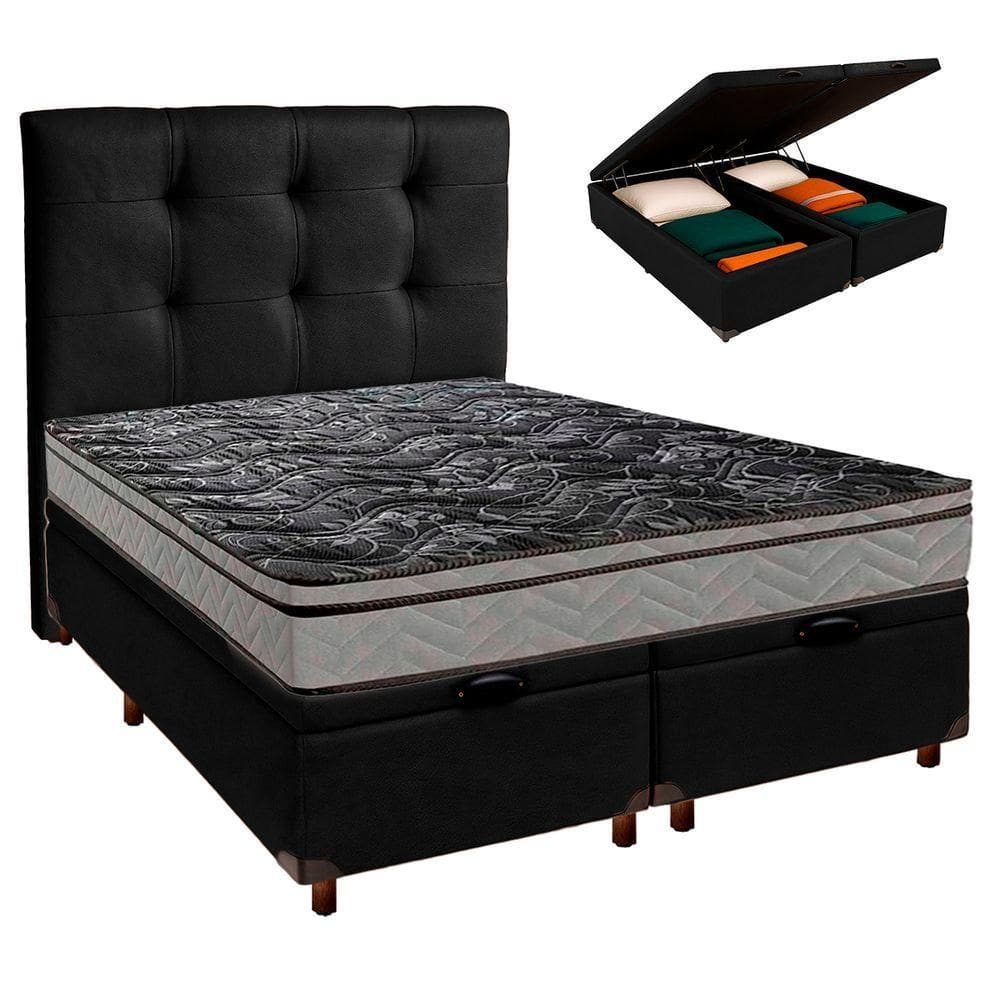 Cama Box Bau + Colchão Casal D28 Conforto Paropas + Cabeceira Estofada