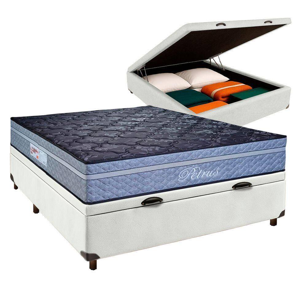 Cama Box Bau Branco Casal + Colchão Molas Ensacadas Petrus Paropas