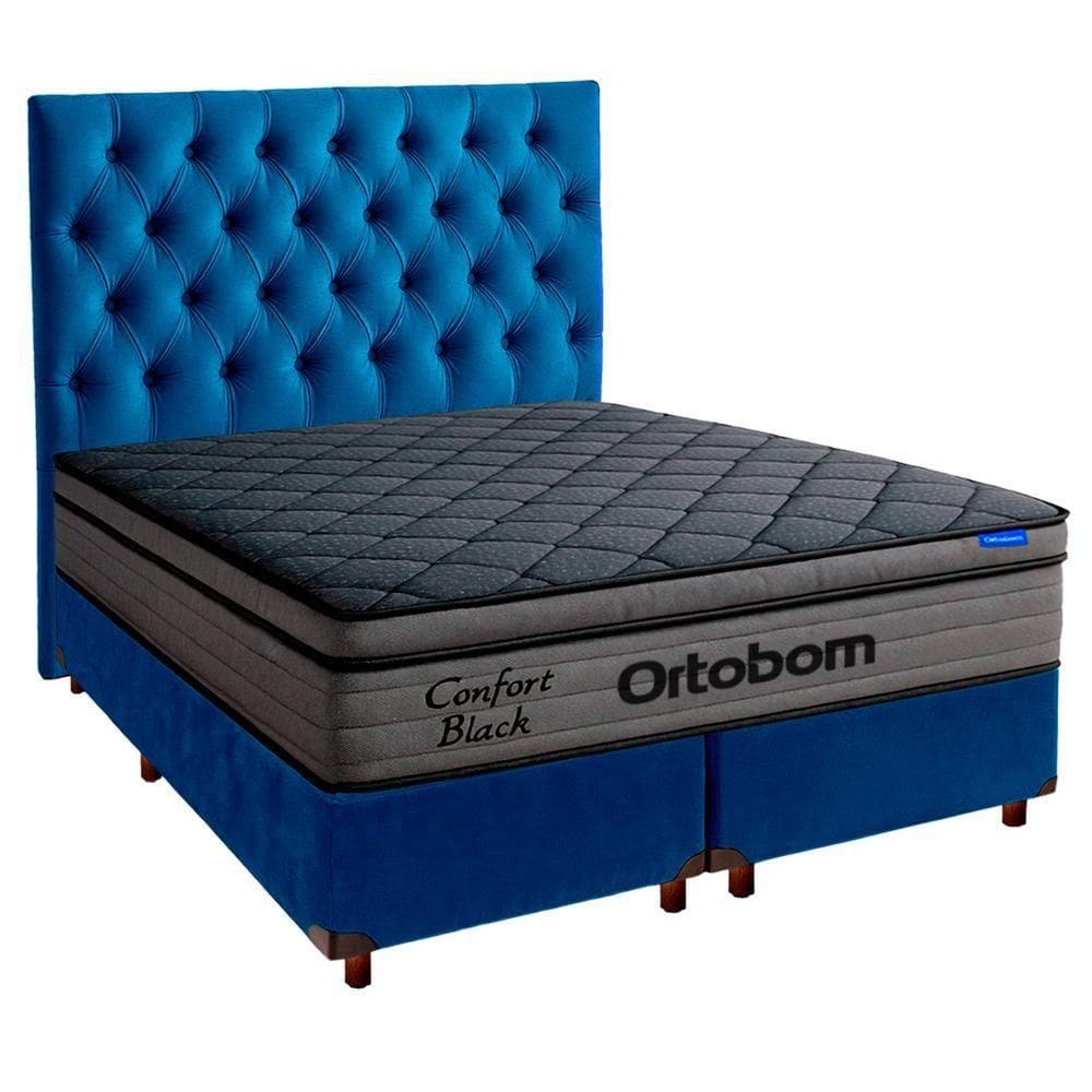 Cama Box Azul+cabeceira+colchão Queen Confort Black Ortobom