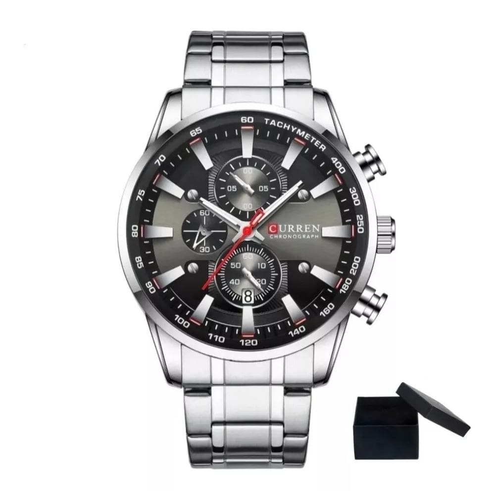 Relógio Masculino Curren 8351 Prata/Preto cronógrafo funcional Aço