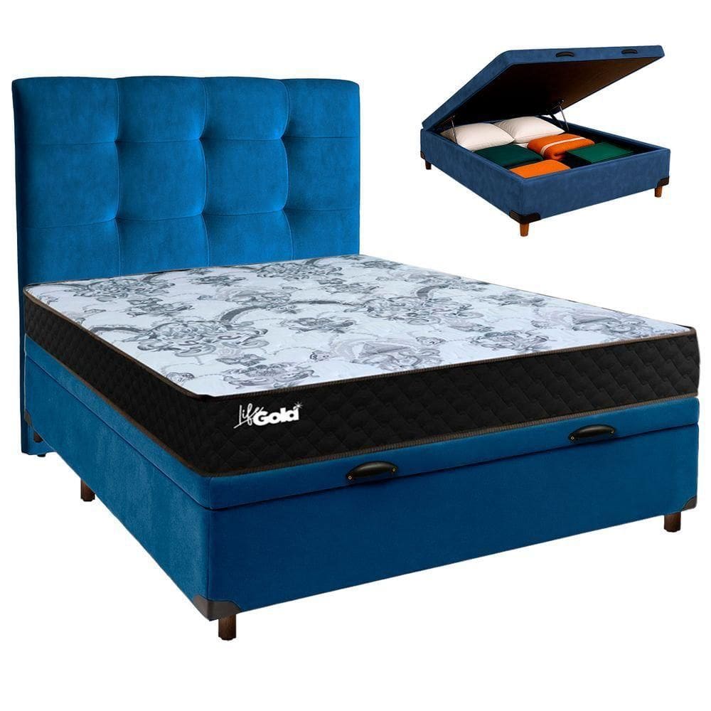 Conjunto Cama Box Bau Azul Casal + Colchão Molas Ensacadas Life Gold Paropas + Cabeceira
