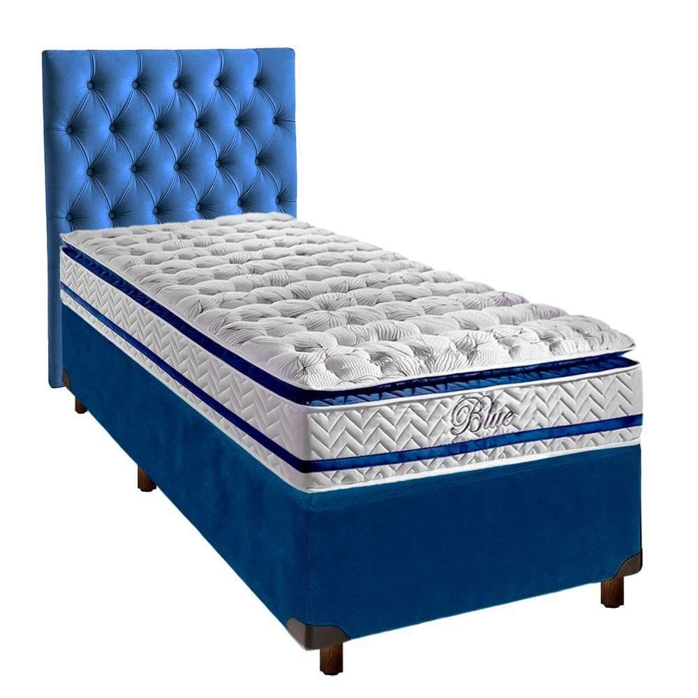 Cama Box + Colchão Solteiro Molas Ensacadas Blue Paropas + Cabeceira Estofada