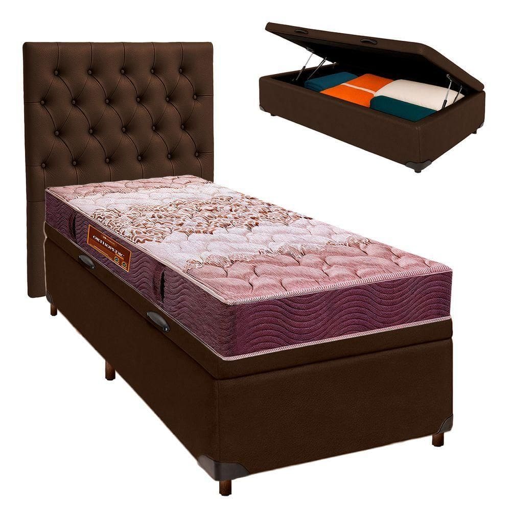 Cama + Bau Marrom E Colchão D26 Solteiro - Ortophedic Sankonfort + Cabeceira