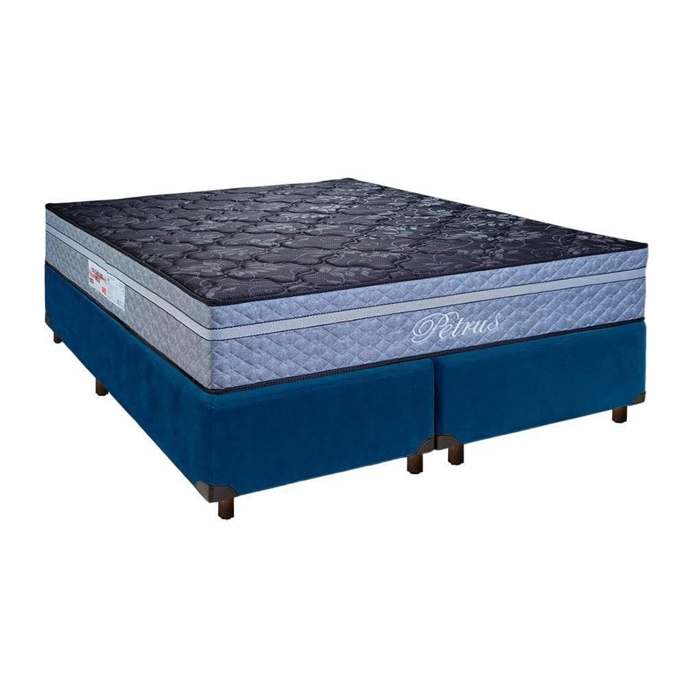 Cama + Box Azul E Colchão Molas Ensacadas Queen - Petrus Paropas