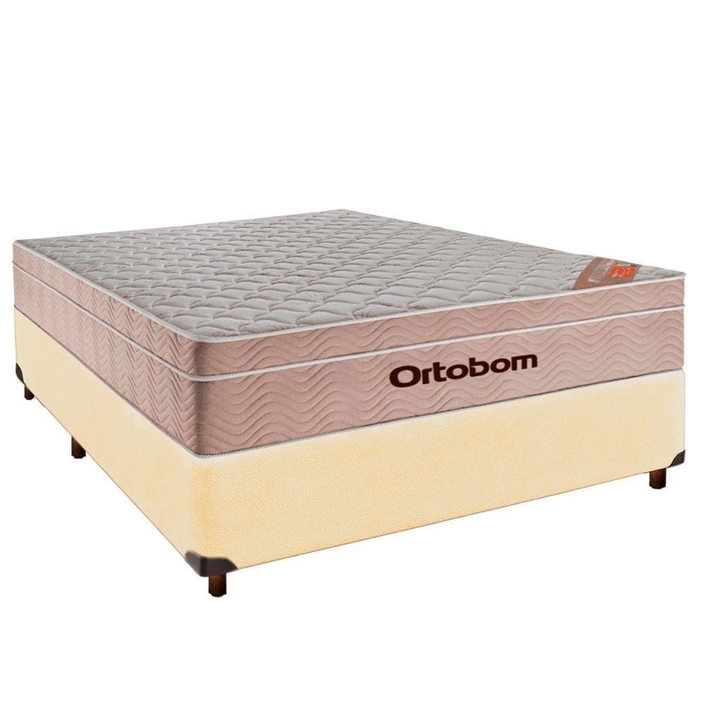 Cama + Box Bege E Colchão Molas Ensacadas Casal - Airtech Ortobom