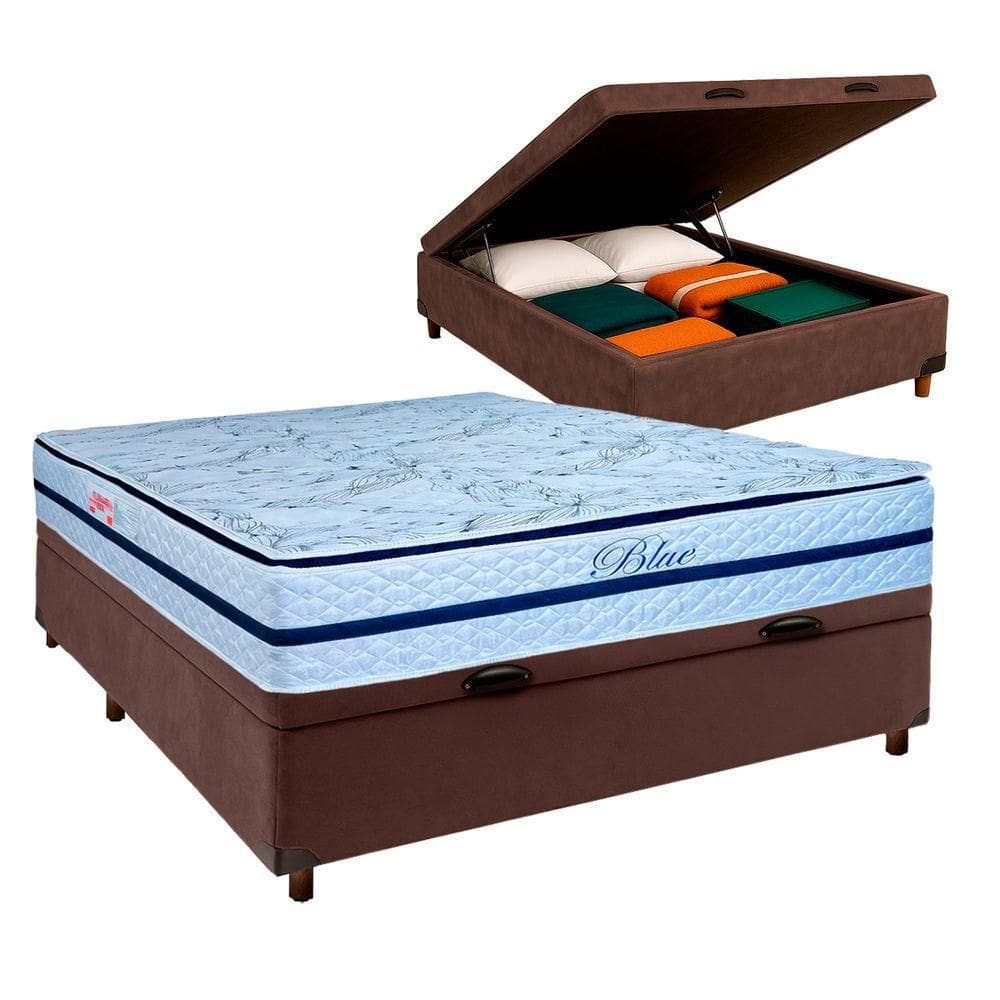 Conjunto Cama Box Bau Marrom Casal + Colchão Molas Ensacadas Blue Paropas