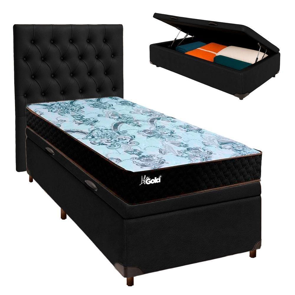 Kit Cama Box Bau + Cabeceira + Colchão Solteiro Molas Ensacadas - Life Gold - Paropas