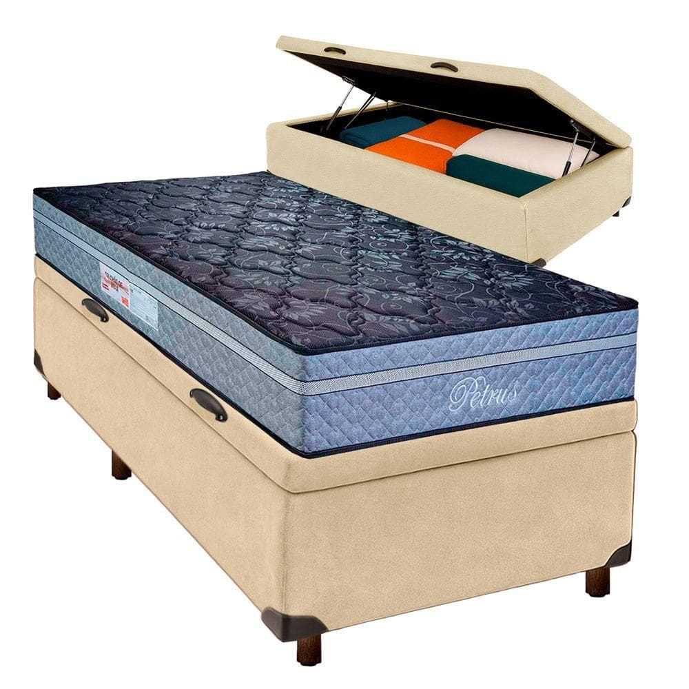 Conjunto Cama Box Bau Blindado Solteiro + Colchão Molas Ensacadas Petrus Paropas