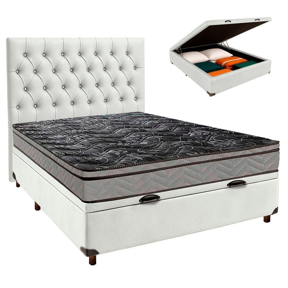 Conjunto Cama Box Bau Branco Casal + Colchão D28 Conforto Paropas + Cabeceira