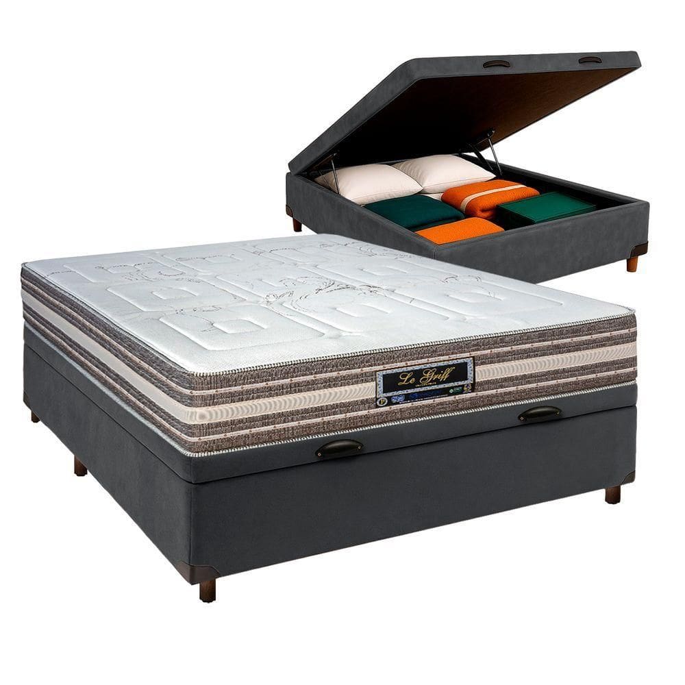 Cama Box Bau Cinza Casal + Colchão Molas Ensacadas Legriff Sankonfort