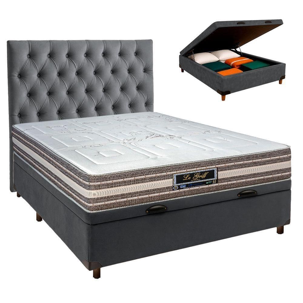Conjunto Cama Box Bau Cinza Casal + Colchão Molas Ensacadas Legriff Sankonfort + Cabeceira