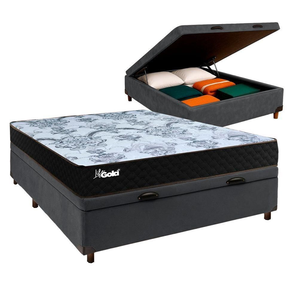 Cama Box Bau Cinza Casal + Colchão Molas Ensacadas Life Gold Paropas