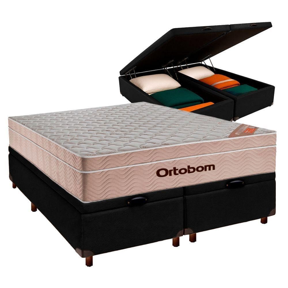 Conjunto Cama Box Bau Blindado Queen + Colchão Molas Ensacadas Airtech Ortobom