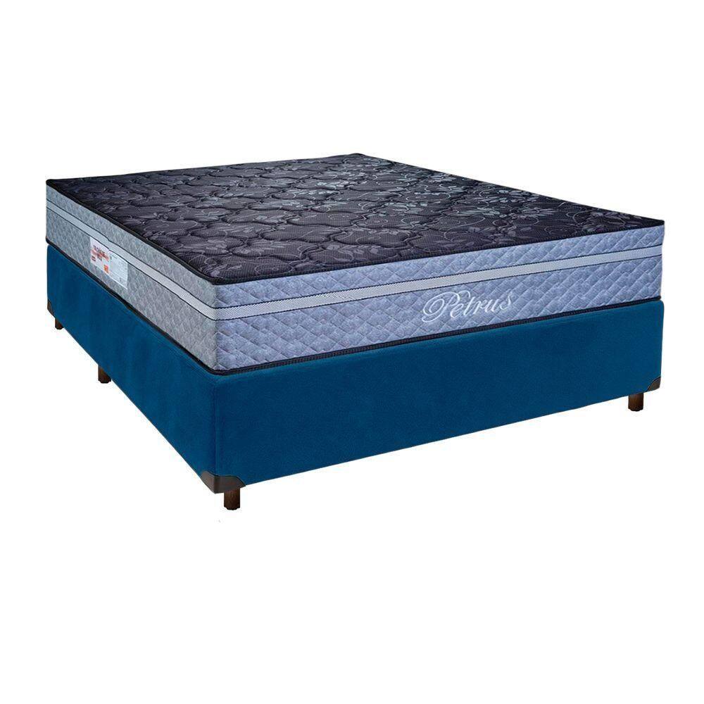 Conjunto Cama Box Azul Casal + Colchão Molas Ensacadas Petrus Paropas