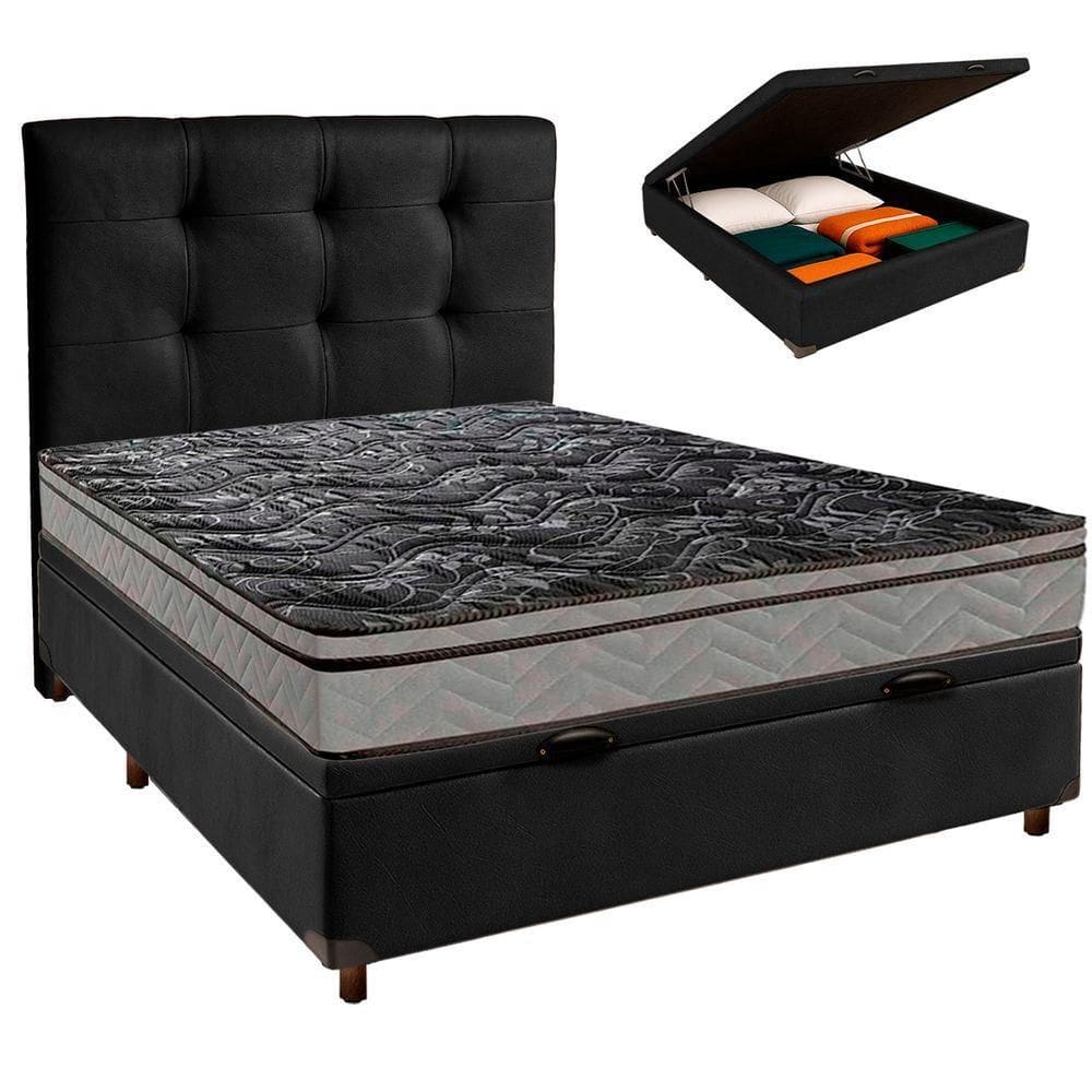 Cama Box Bau + Colchão Casal D28 Conforto Paropas + Cabeceira Estofada