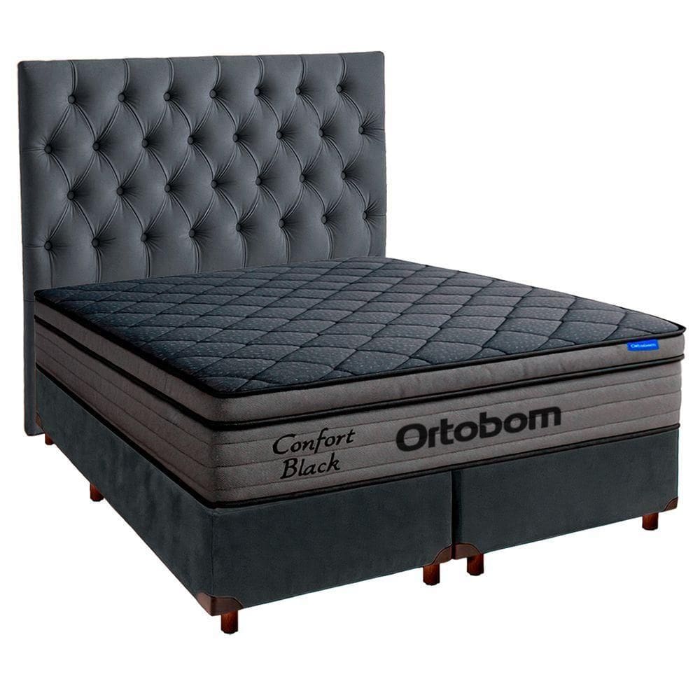 Cama Box Cinza+cabeceira+colchão Queen Confort Black Ortobom