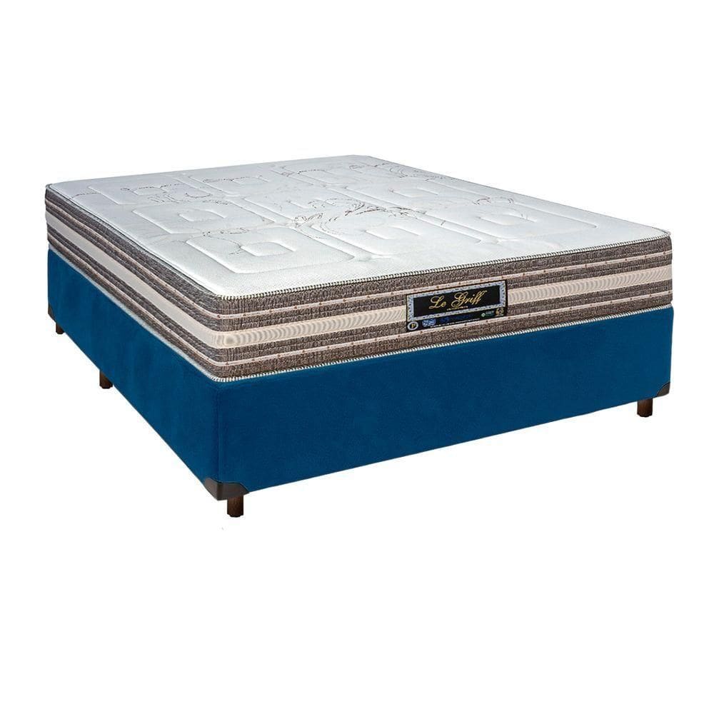 Conjunto Cama Box Azul Casal + Colchão Molas Ensacadas Legriff Sankonfort